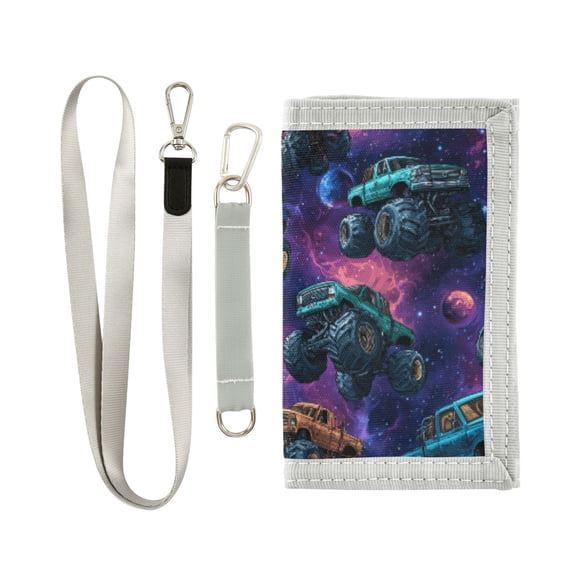JIALIOU Nylon Trifold Card Wallet with ID Window Zipper Pocket for Men Women Teen Monster Trucks in Space