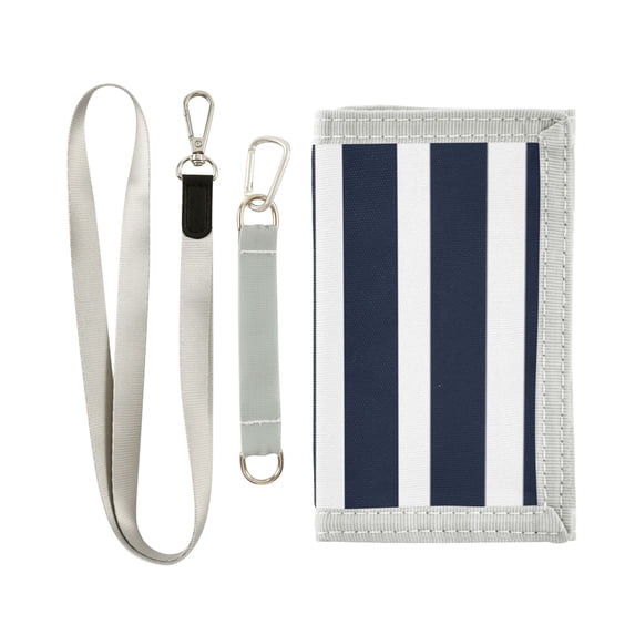 JIALIOU Nylon Trifold Card Wallet with ID Window Zipper Pocket for Men Women Teen Navy Blue and White Striped