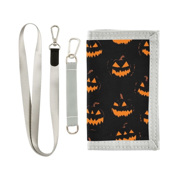 JIALIOU Nylon Trifold Card Wallet with ID Window Zipper Pocket for Men Women Teen Orange Halloween Pumpkin Face