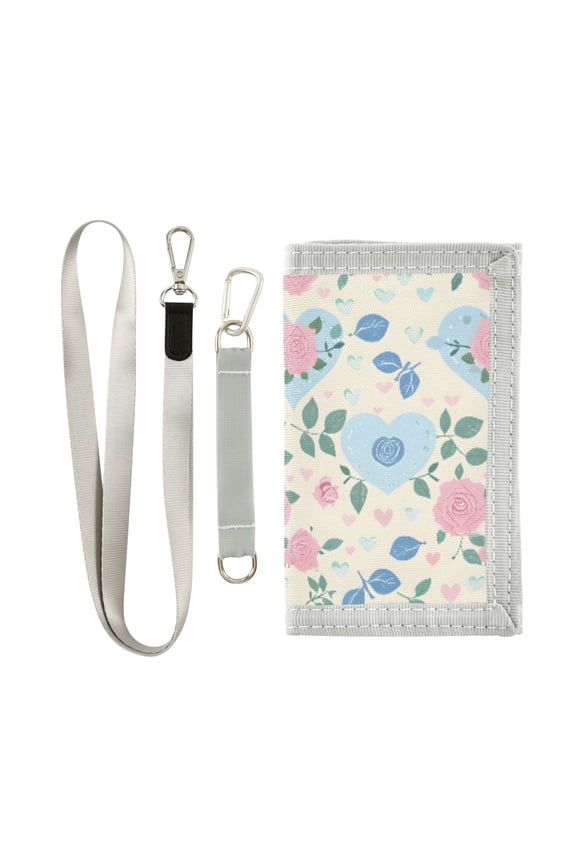 Nylon Trifold Card Wallet with ID Window Zipper Pocket for Men Women Teen Pastel Hearts and Roses
