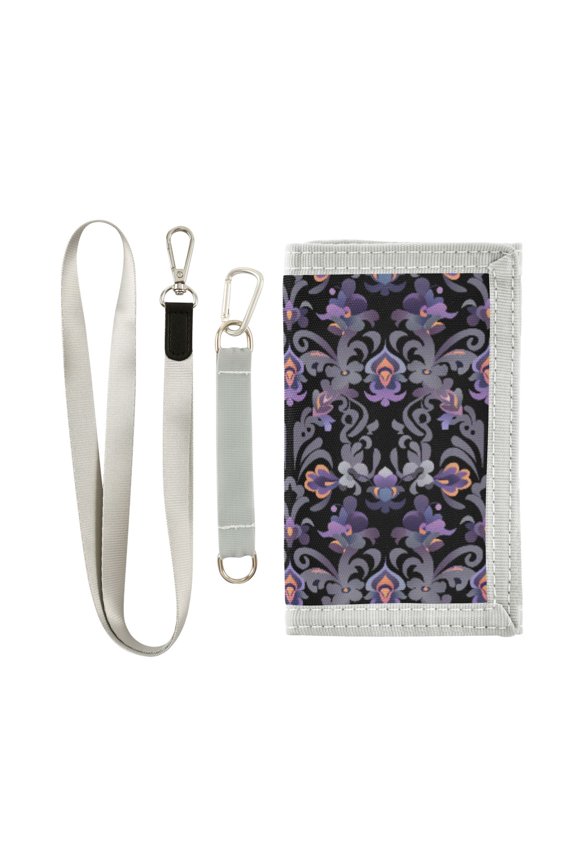 Nylon Trifold Card Wallet with ID Window Zipper Pocket for Men Women Teen Purple Flower Pattern