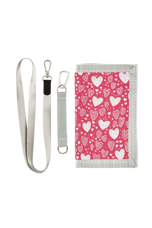 Nylon Trifold Card Wallet with ID Window Zipper Pocket for Men Women Teen Red Doodled Hearts