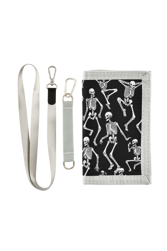 Nylon Trifold Card Wallet with ID Window Zipper Pocket for Men Women Teen Skeletons Dancing