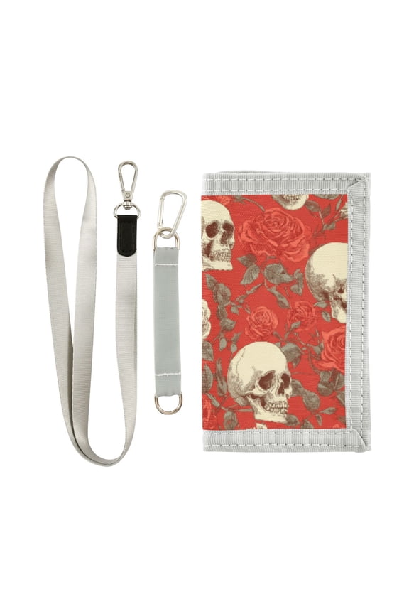 Nylon Trifold Card Wallet with ID Window Zipper Pocket for Men Women Teen Skull and Rose