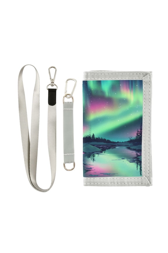 Nylon Trifold Card Wallet with ID Window Zipper Pocket for Men Women Teen Snow Aurora