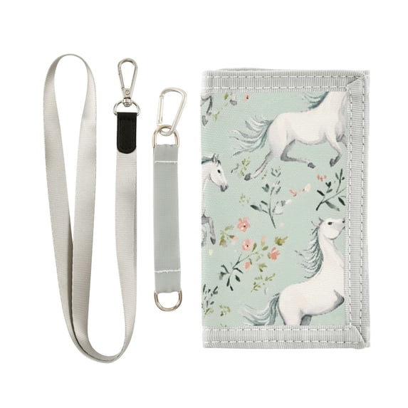 JIALIOU Nylon Trifold Card Wallet with ID Window Zipper Pocket for Men Women Teen White Horses and Flower