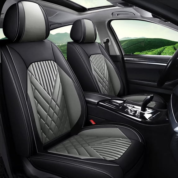 JIAMAOXIN 2-piece car seat cover front cover, waterproof leather, airbag compatible car seat cushion cover, suitable for most cars (Black and Gray)