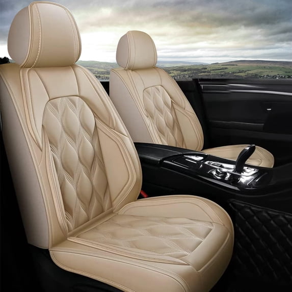 JIAMAOXIN 2 pieces of waterproof leather seat covers for all seasons, suitable for most pickup trucks, sedans, SUVs, compatible with airbags (Beige)