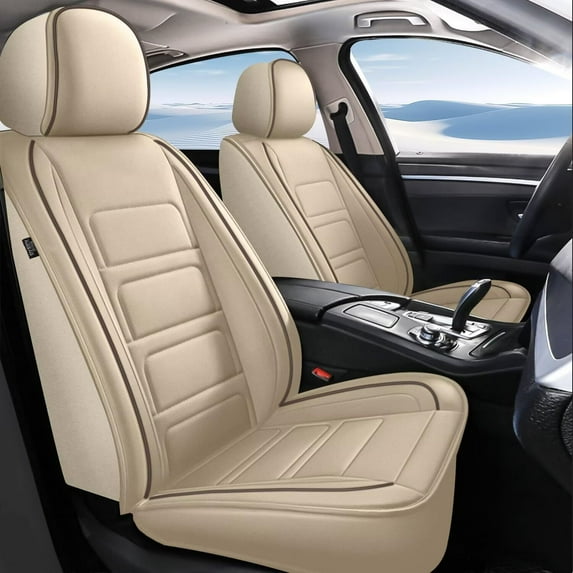 JIAMAOXIN Car Seat Covers Full Coverage with Waterproof Leather, Airbag Compatible Automotive Vehicle Cushion Cover Universal fit for Most Cars, SUVs and Pick-up Trucks (5 Seats,Beige)