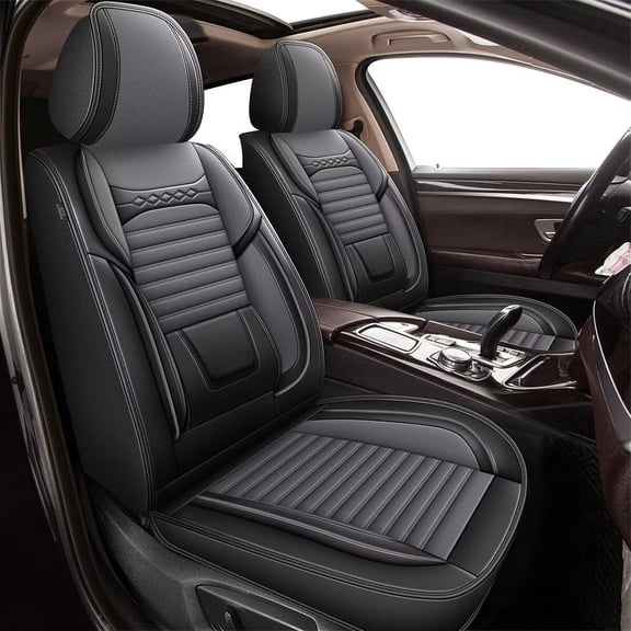 JIAMAOXIN Car Seat Covers Full Coverage with Waterproof Leather, Airbag Compatible Automotive Vehicle Cushion Cover Universal fit for Most Cars, SUVs and Pick-up Trucks (5 Seats,Black&Gray)