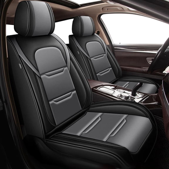 JIAMAOXIN Car Seat Covers Full Set Fit for Ford Ranger 2019-2024 Waterproof Breathable Leather Seat Protector with Airbag Compatible Automotive 5 Seat Cushions Cover (Black+Gray)