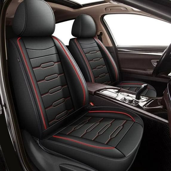 JIAMAOXIN Full Set Car Seat Covers, 5 Seats Fuax Leather Seat Covers for Toyota Prius Prime 2017-2024 (5 Seats, Black&Red Line)