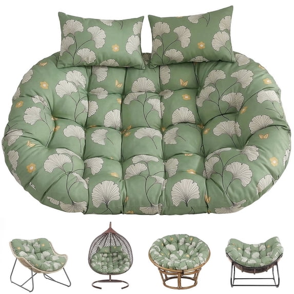JIAN YA NA 2-Person Hanging Chair Cushion, Outdoor Double Egg Chair Seat Pads with 2 Headrest Pillows, Waterproof Oxford Fabric Swing Cushions for Garden Patio Porch (Ginkgo Leaves)
