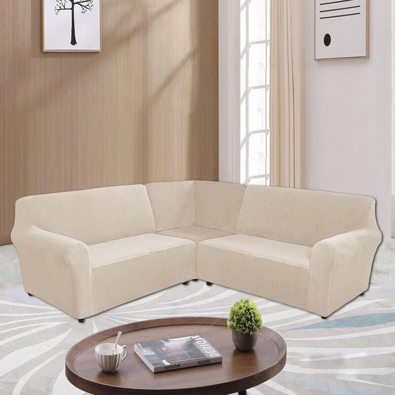 JIAN YA NA 3 Piece L Shape Velvet Stretch Sofa Cover Corner Sectional Couch Protector(7 Seater ,Beige)