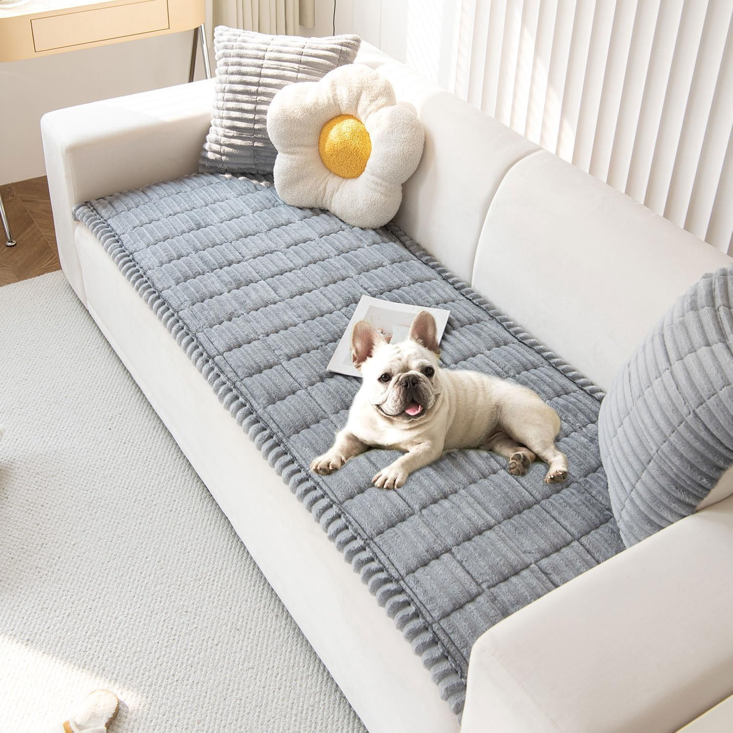 JIAN YA NA Anti Slip Couch Covers Sofa Mat, Thickened Corduroy Furniture Protector Mat, Washable Sofa Slipcover Dogs Pets Bed Pad (Light Gray, 90x210cm)