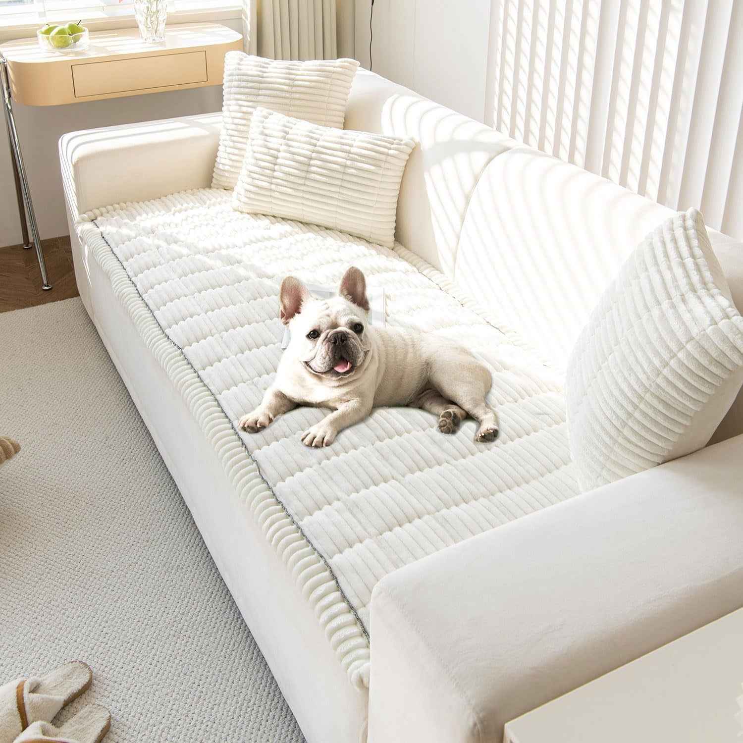 JIAN YA NA Anti Slip Couch Covers Sofa Mat, Thickened Corduroy Furniture Protector Mat, Washable Sofa Slipcover Dogs Pets Bed Pad (Milky White, 70x150cm)