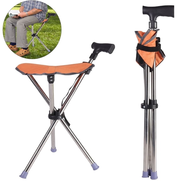 JIAN YA NA Folding Walking Stick Seat, Lightweight Aluminium Cane Seat Chair Stool for Adults, 330 Lbs Load Capacity, Orange