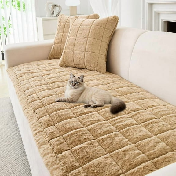 JIAN YA NA Fuzzy Sofa Cover Protective Mat, Non-Slip Sofa Slipcover Corner Couch Pad for Dogs Cats, L Shape Sofa Protector Pet Bed Mat (Light Coffee, 70x210cm)