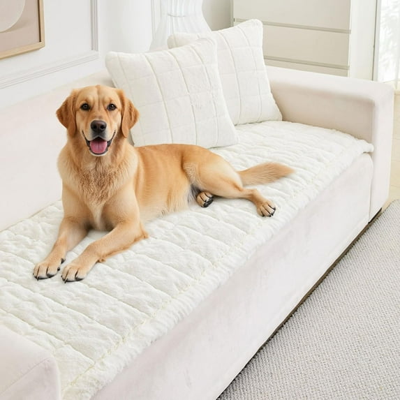 JIAN YA NA Fuzzy Sofa Cover Protective Mat, Non-Slip Sofa Slipcover Corner Couch Pad for Dogs Cats, L Shape Sofa Protector Pet Bed Mat (Off-white, 70x180cm)