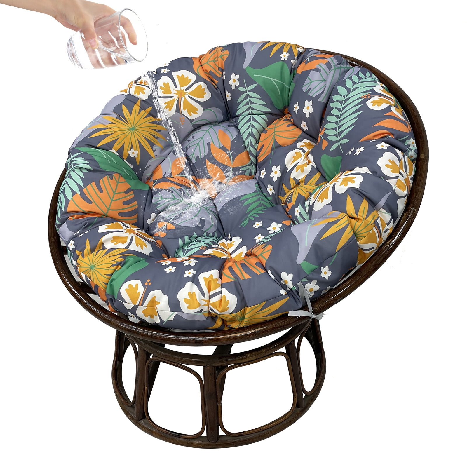 JIAN YA NA Indoor Outdoor Papasan Cushion, 47-inch Hanging Egg Chair Cushion Replacement (Without Chair), Gray & Leaves