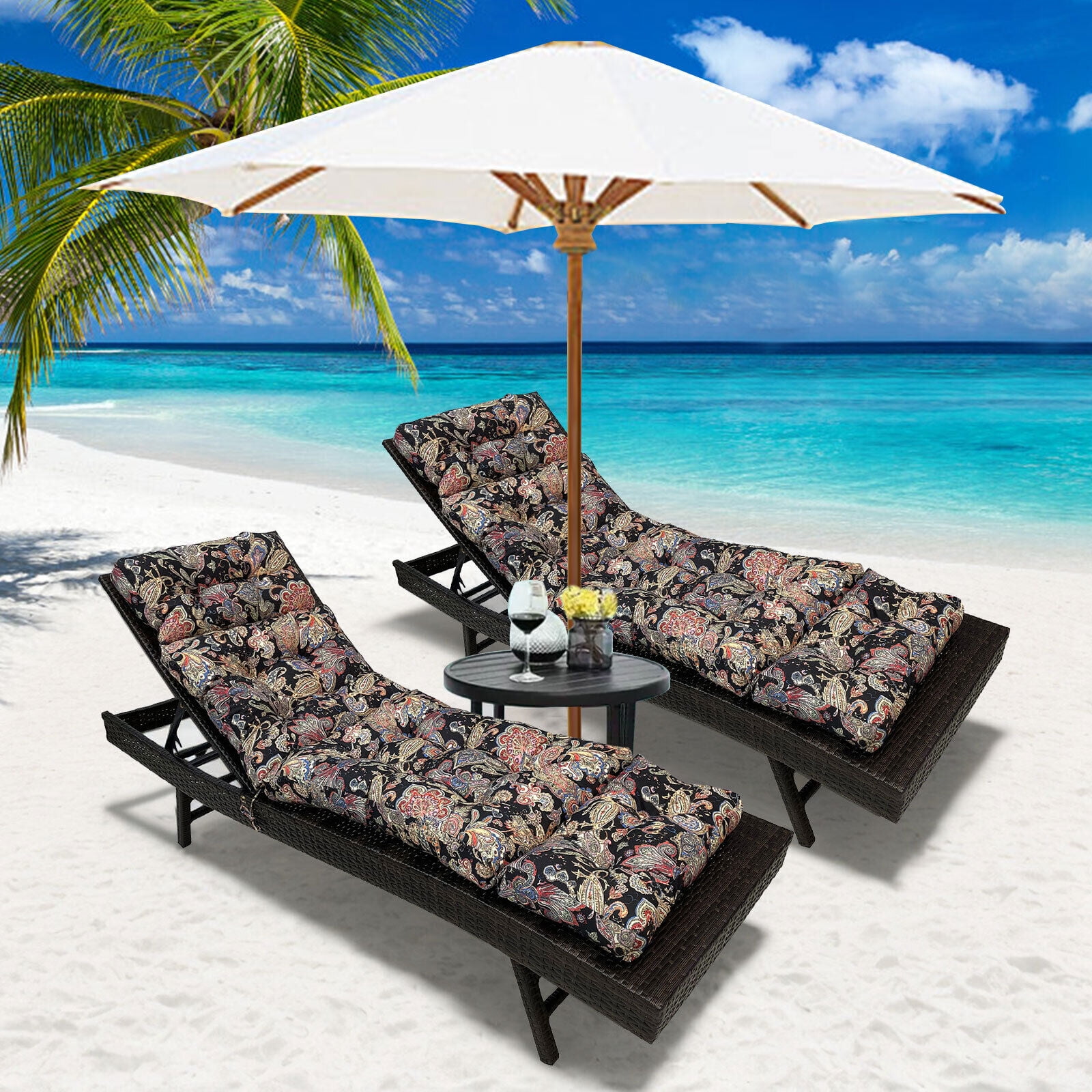 JIAN YA NA Lounge Chaise Chair Cushion Set of 2, Outdoor Indoor Seating Cushions Rocking Chair Padded with Ties (Black Flower)
