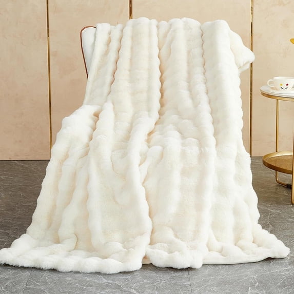 JIAN YA NA Luxury Rabbit Plush Faux Fur Throw Blankets, 1000GSM Soft and Warm Thick Cozy Throws, Double Sided Fluffy Plush Blanket for Sofa Couch Bed Living Room in Fall Winter (130x160cm, White)