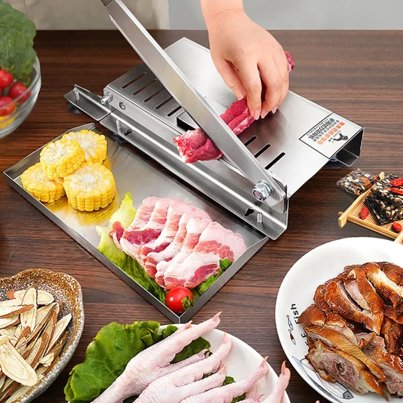 JIAN YA NA Manual Meat Slicer, Stainless Steel Bone Cutter with Anti Slip Suction Cups, Home Frozen Meat Cutter Rib Fish Chicken Beef Mutton Cutting Machine, Silver
