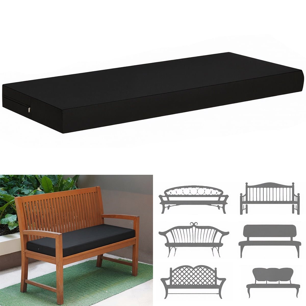 JIAN YA NA Outdoor Bench Cushions, Waterproof Swing Cushion Pads with Ties for Garden Patio Furniture (Black, for 2 Seater 122cm x 46cm)