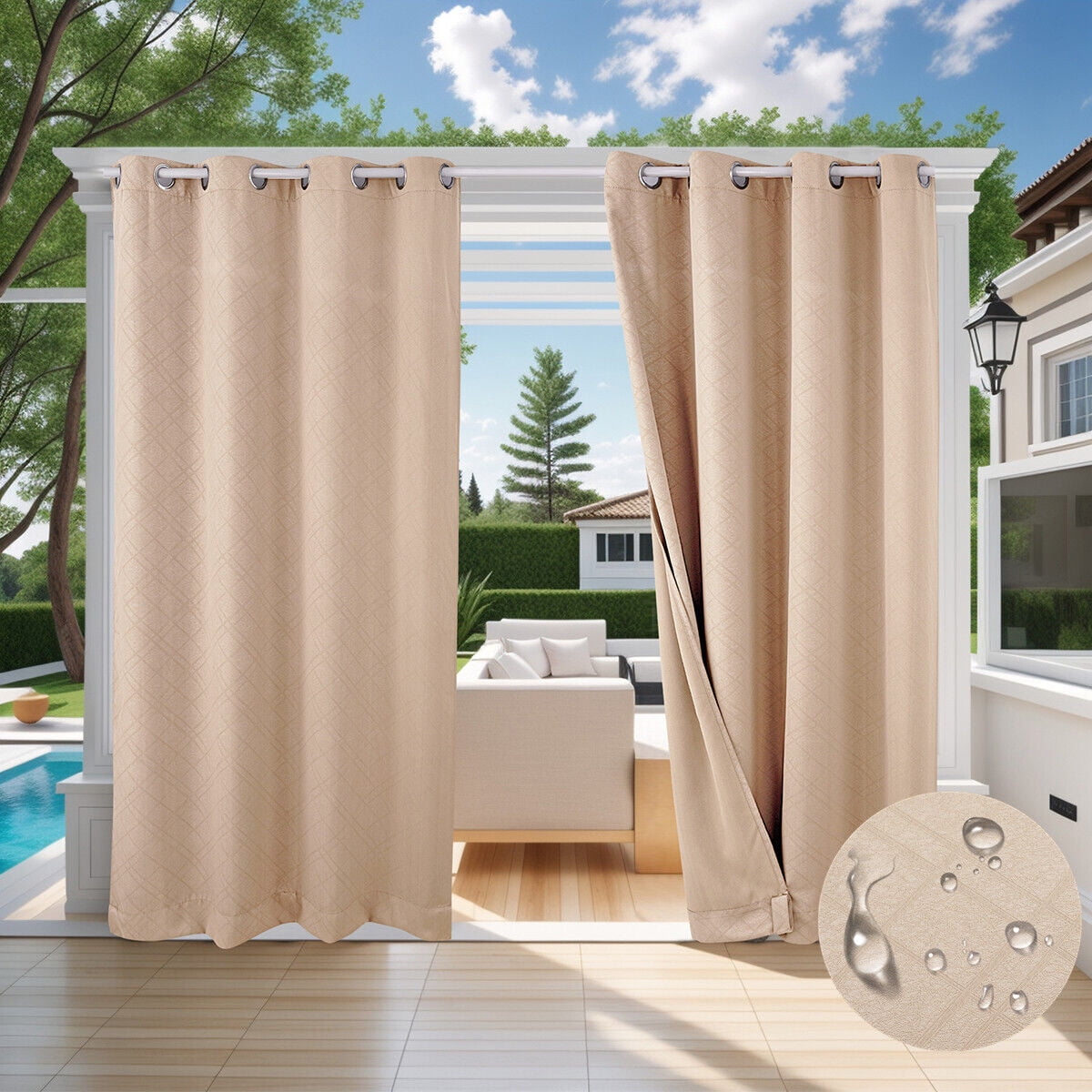 JIAN YA NA Outdoor Curtains for Patio - Blackout Waterproof Outside Curtains for Porch Pavilion Gazebo (1 Panel, 52 inx108in ,Beige)