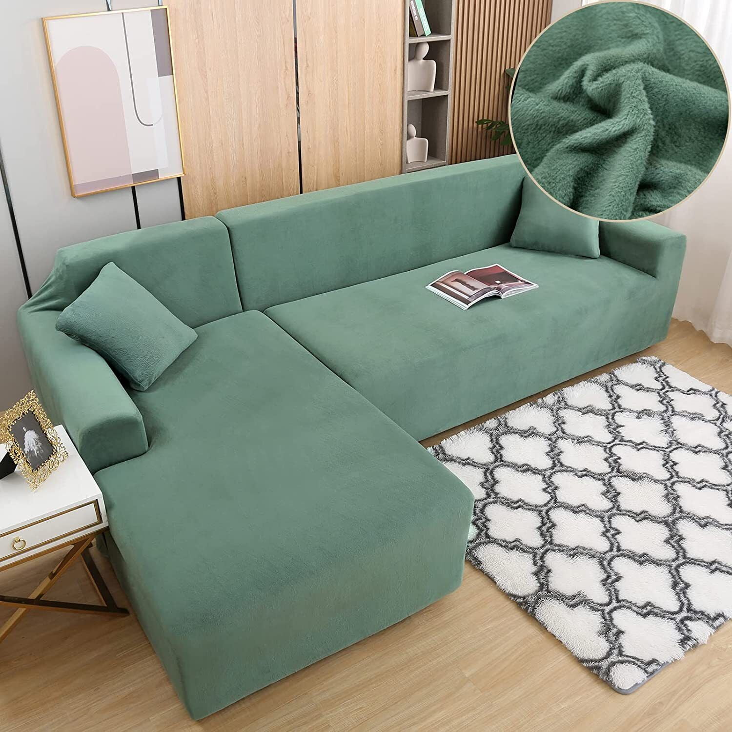 JIAN YA NA Sectional Sofa Slipcovers L Shape Couch Cover,2Pcs Thick Velvet Stretch Anti-Slip Couch Covers for 3 + 3 Seaters Chaise, Furniture Protector Slip Cover for Living Room Dogs Pets Kids (Cyan)