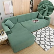 JIAN YA NA Sectional Sofa Slipcovers L Shape Couch Cover,2Pcs Thick Velvet Stretch Anti-Slip Couch Covers for 3 + 3 Seaters Chaise, Furniture Protector Slip Cover for Living Room Dogs Pets Kids Cyan