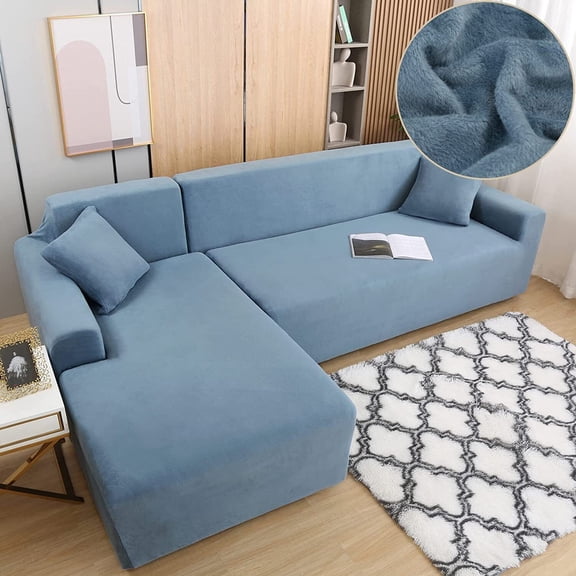 JIAN YA NA Sectional Sofa Slipcovers L Shape Couch Cover,2Pcs Thick Velvet Stretch Anti-Slip Couch Covers for 3 + 3 Seaters Chaise, Furniture Protector Slip Cover for Living Room Dogs (Gray Blue)