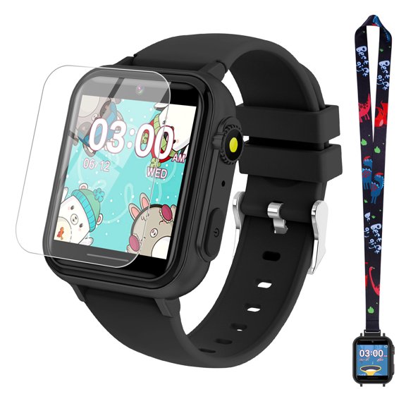 JIAN YA NA Smart Watch for Kids Gift for Girls Boys Ages 4-12 - Includes Screen Protector, 30+ Games, 140 Learning Cards, HD Touch Screen, Camera, Music, Pedometer (Black)