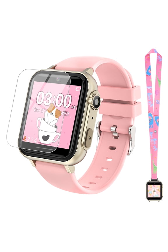 Smart Watch for Kids Gift for Girls Boys Ages 4-12 - Includes Screen Protector, 30+ Games, 140 Learning Cards, HD Touch Screen, Camera, Music, Pedometer (Pink)