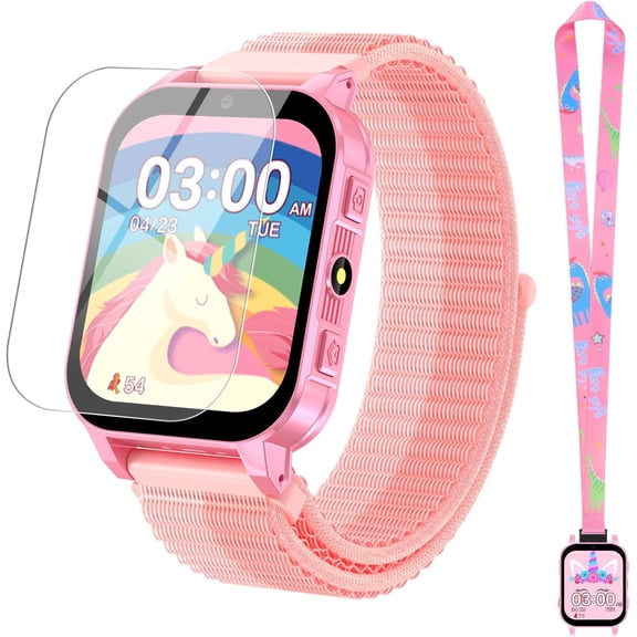 JIAN YA NA Smart Watch for Kids with 30 Puzzle Games, Screen Protector, 140 Learning Cards, HD Touch Screen, Camera, Music, Pedometer (Pink)