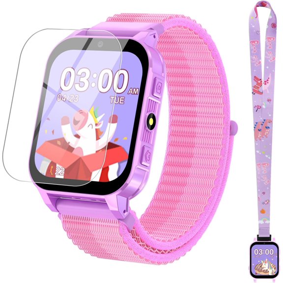 JIAN YA NA Smart Watch for Kids with 30 Puzzle Games, Screen Protector, 140 Learning Cards, HD Touch Screen, Camera, Music, Pedometer (Purple)