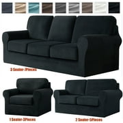 JIAN YA NA Stretch Velvet Sofa Cover with Separate Cushion Slipcover (Black, 3 Seater-7 Pieces)