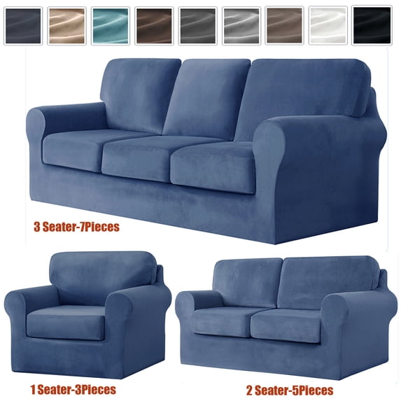 JIAN YA NA Stretch Velvet Sofa Cover with Separate Cushion Slipcover (Deep Blue, 2 Seater-5 Pieces)