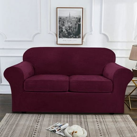 JIAN YA NA Stretch Velvet Sofa Covers Couch Covers Sofa Slipcovers (Burgundy, Loveseat Cover)