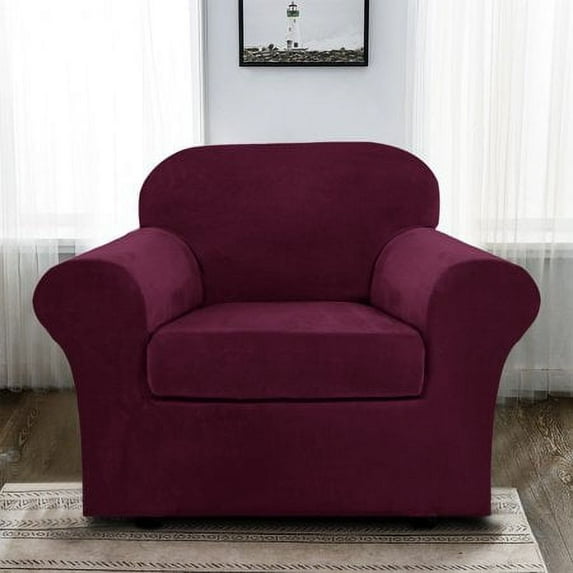 JIAN YA NA Stretch Velvet Sofa Covers Large Couch Covers Sofa Slipcovers with Seperate Seat Cushion Covers(Burgundy, Armchair Cover)