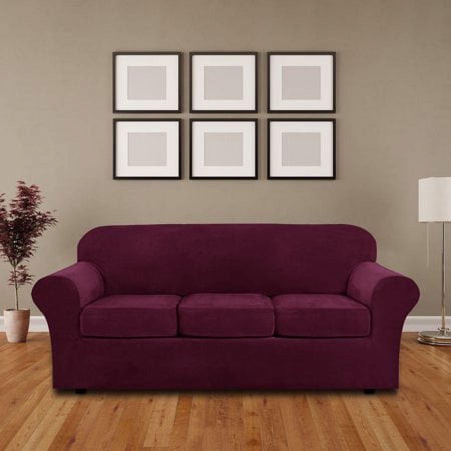 JIAN YA NA Stretch Velvet Sofa Covers Large Couch Covers Sofa Slipcovers with Seperate Seat Cushion Covers(Burgundy, Sofa Cover)