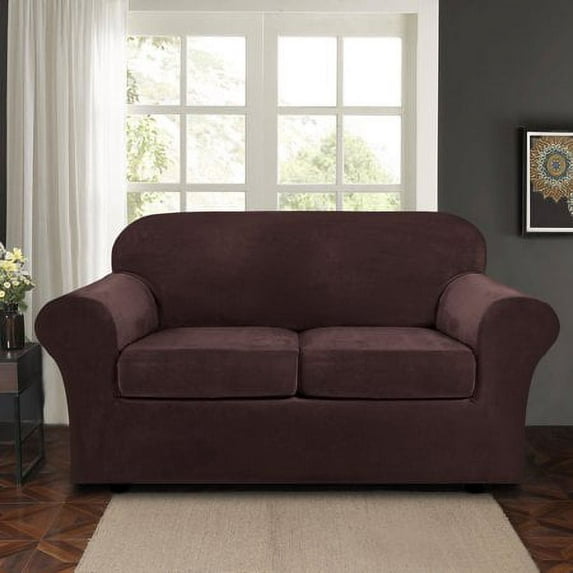 JIAN YA NA Stretch Velvet Sofa Covers Large Couch Covers Sofa Slipcovers with Seperate Seat Cushion Covers(Dark Brown, Loveseat Cover)