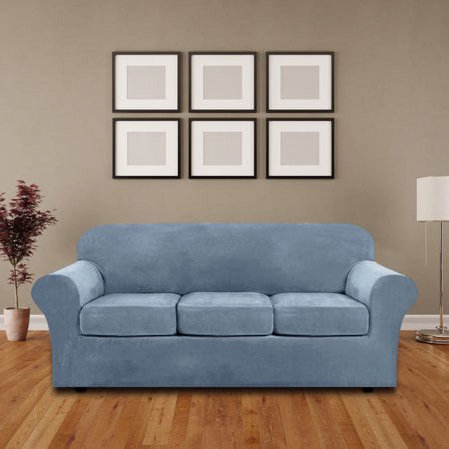JIAN YA NA Stretch Velvet Sofa Covers Large Couch Covers Sofa Slipcovers with Seperate Seat Cushion Covers(Gray Blue, Sofa Cover)
