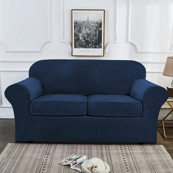 JIAN YA NA Stretch Velvet Sofa Covers Large Couch Covers Sofa Slipcovers with Seperate Seat Cushion Covers(Navy Blue, Loveseat Cover)