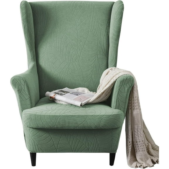 JIAN YA NA Wingback Chair Covers 2 Piece Set - 2 IN 1 Design Armchair Covers Solid Soft Wing Back Chair Cover Stretch Wing Chair Slipcover Furniture Protector for Living Room Bedroom Hotel (Green)
