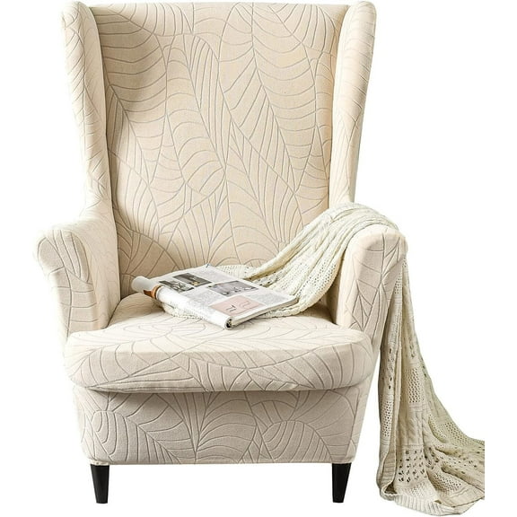 JIAN YA NA Wingback Chair Covers 2 Piece Set - 2 IN 1 Design Armchair Covers Solid Soft Wing Back Chair Cover Stretch Wing Chair Slipcover Furniture Protector for Living Room Bedroom Hotel (Beige)