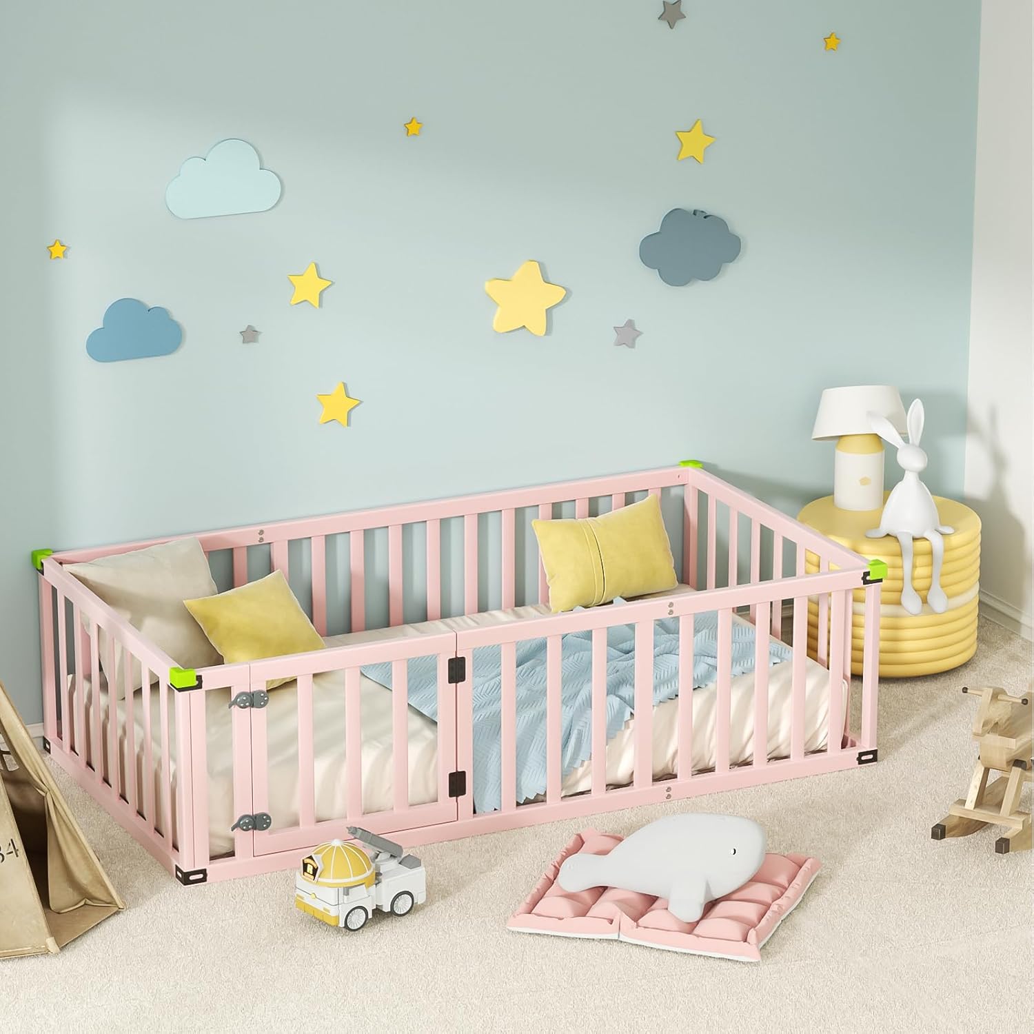 JIANBIAO Full Size Montessori Floor Bed, Kids Toddlers 1-3 Wooden Frame ...