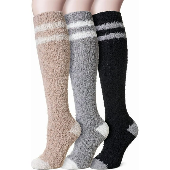 JIANFANG Fuzzy Socks for Women 3 Pairs Knee High Fluffy Soft Warm Stocking Cozy Slipper Plush Winter Long Christmas Socks