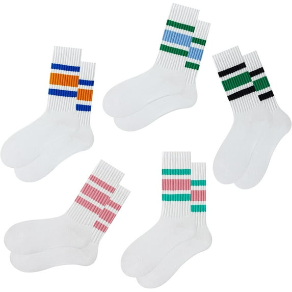 JIANFANG Striped Crew Socks 5 Pairs Seamless Toe for Men and Women, Color of Light Cream, Casual Comfort