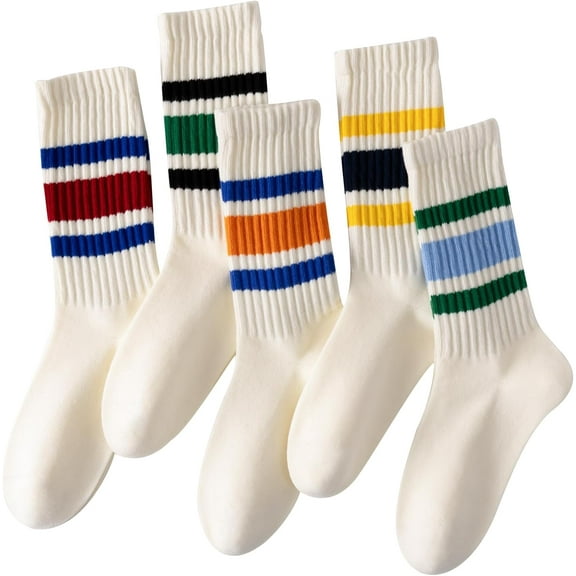 JIANFANG Striped Crew Socks 5 Pairs Seamless Toe for Men and Women, Color of Light Cream, Casual Comfort